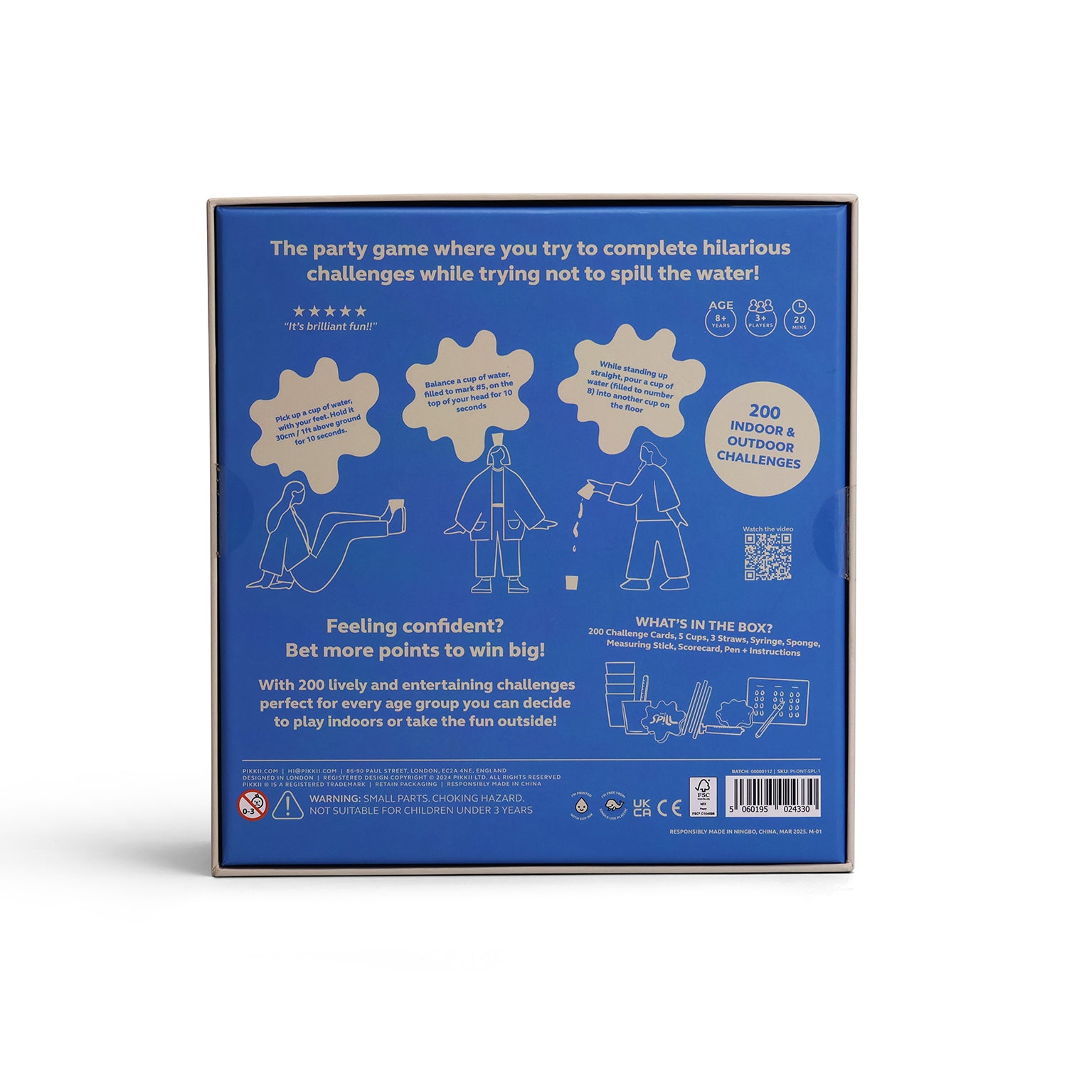 The back of a square blue game box shown against a plain white background. The box features white text, line drawings, and icons describing the party game, including illustrations of people and a badge that says '200 indoor & outdoor challenges'.