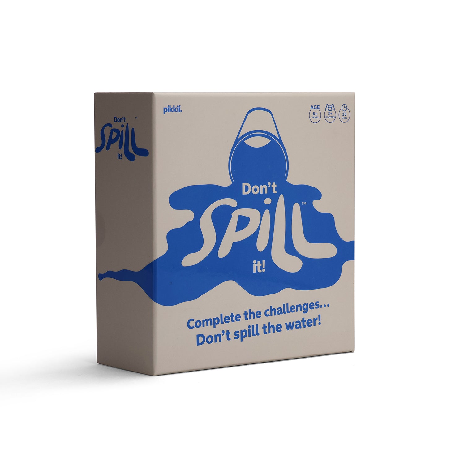 The board game 'Don't Spill it!' by Pikkin', featuring a beige background with a blue water-drop logo and playful text.
