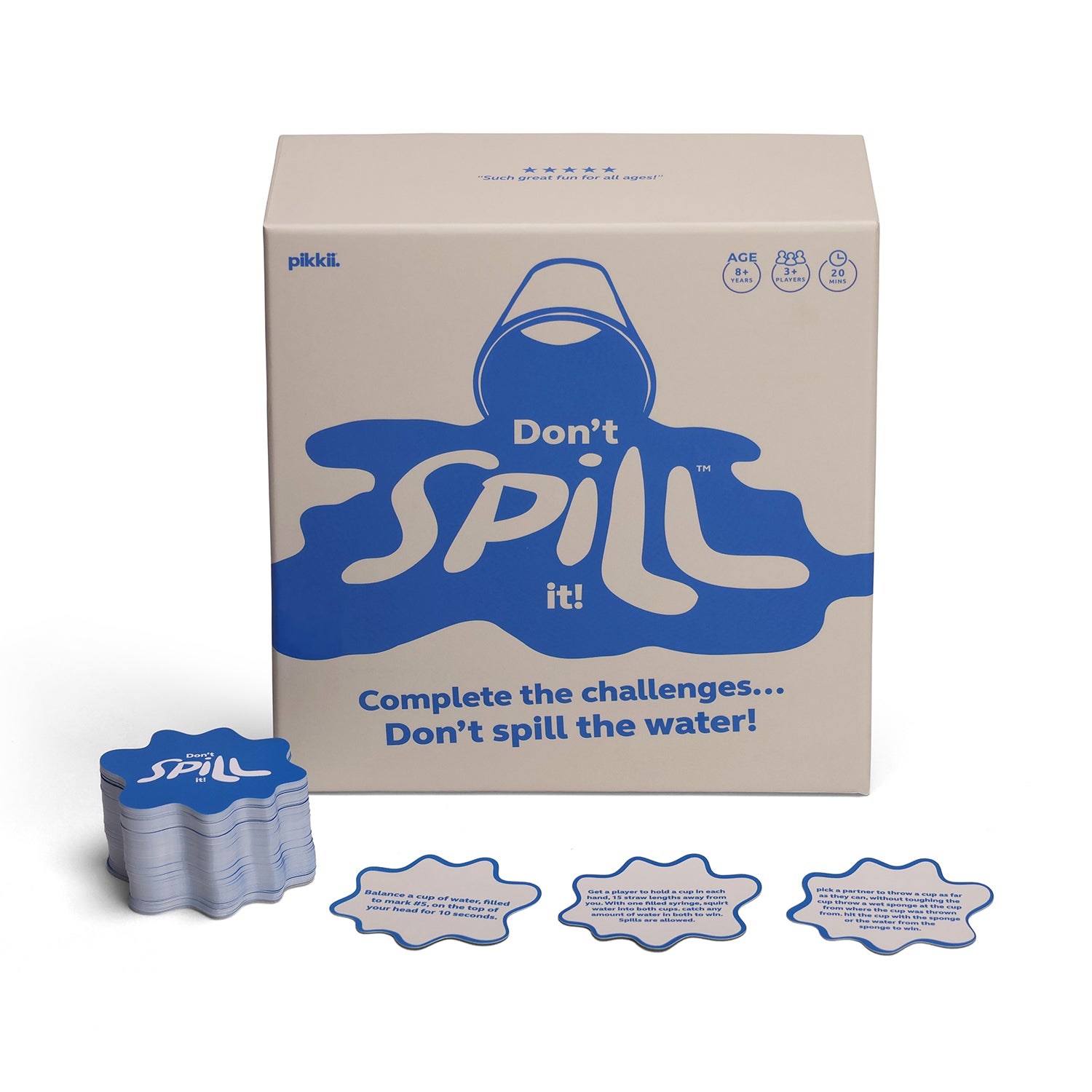 The 'Don't Spill it!' board game box by PikkiI, shown with a stack of blue challenge cards and three example cards on a clean white background.