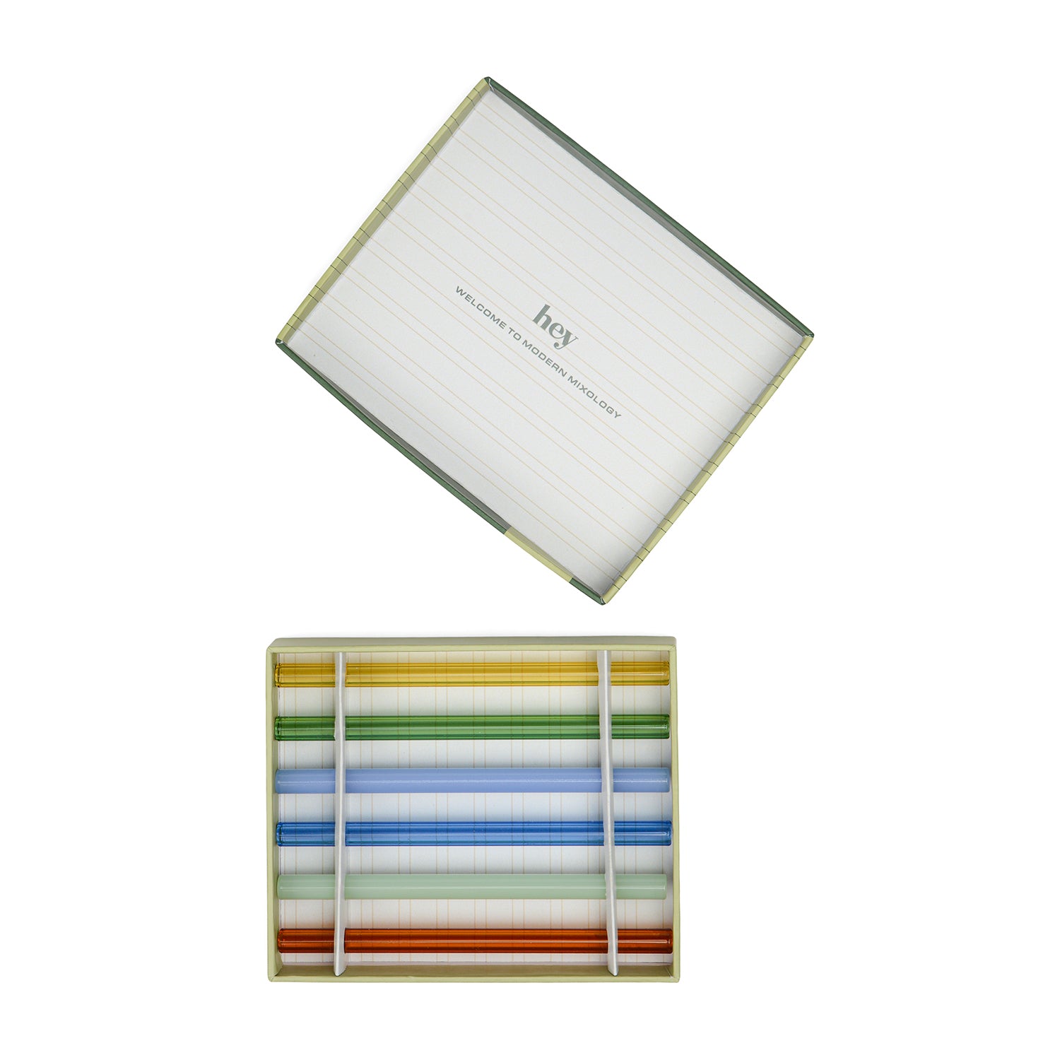 A boxed set of colourful glass straws shown on a plain white background, with the lid placed above the open tray. 