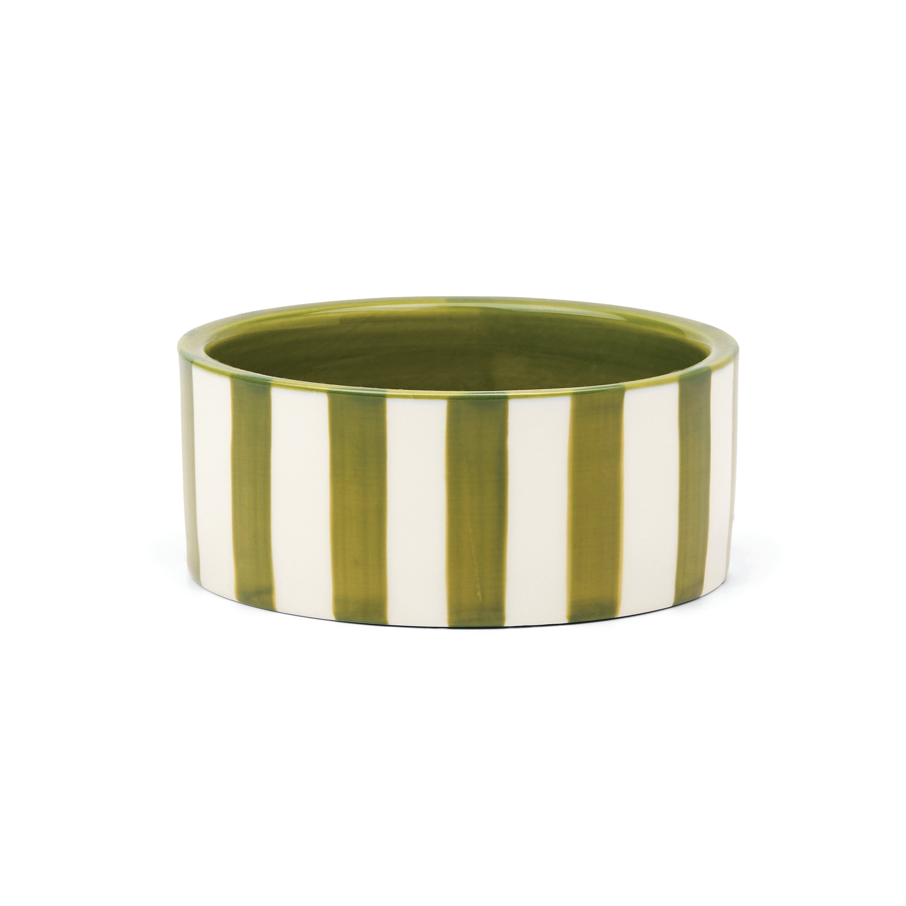 A wide, cylindrical ceramic BOTTLE COASTER with alternating vertical stripes of olive green and off-white, shown on a plain white background.