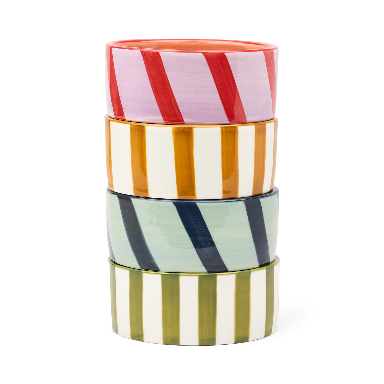 Stack of colourful striped ceramic BOTTLE COASTERS on a white background