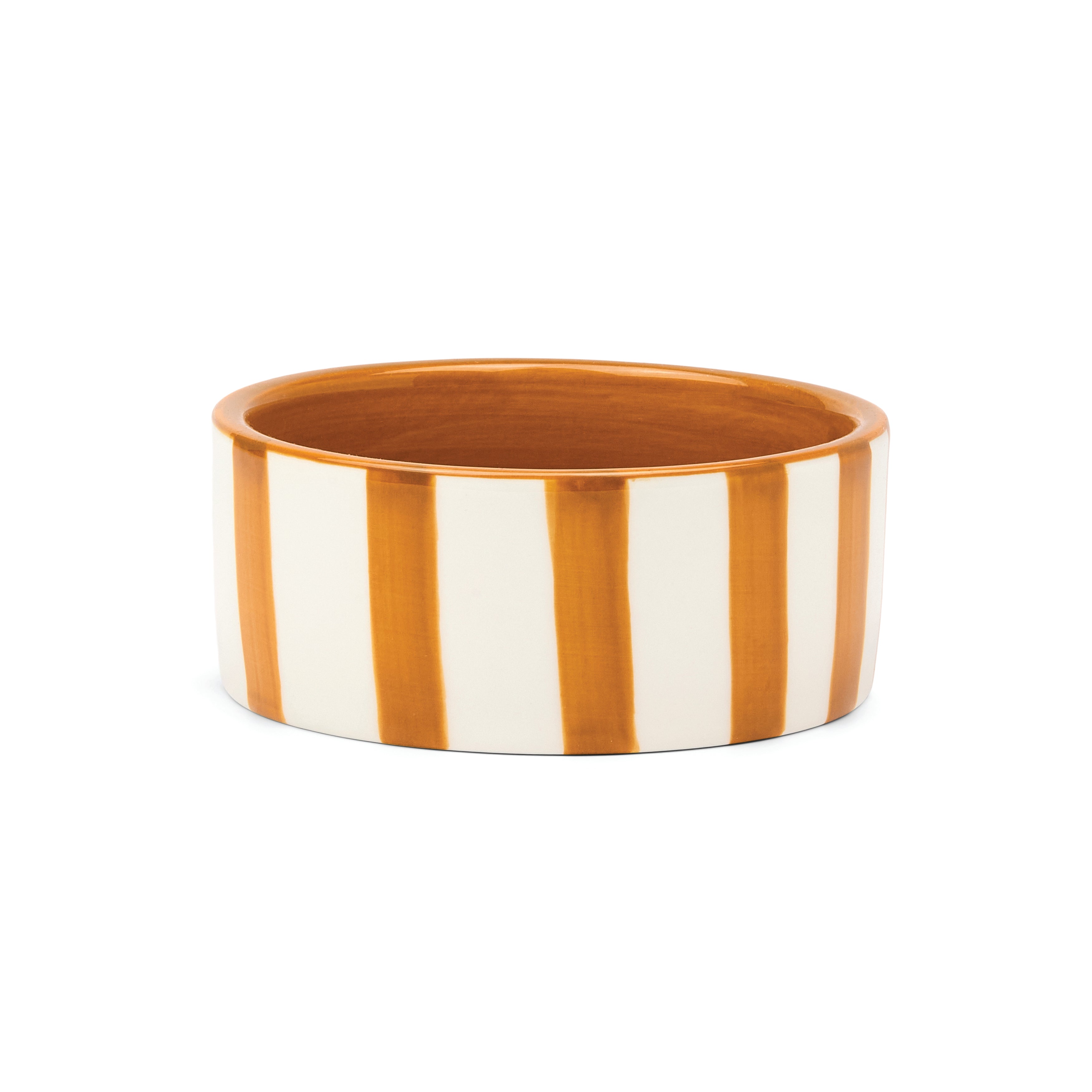 A round ceramic BOTTLE COASTER with alternating vertical stripes of glossy white and warm orange-brown, shown on a plain white background.