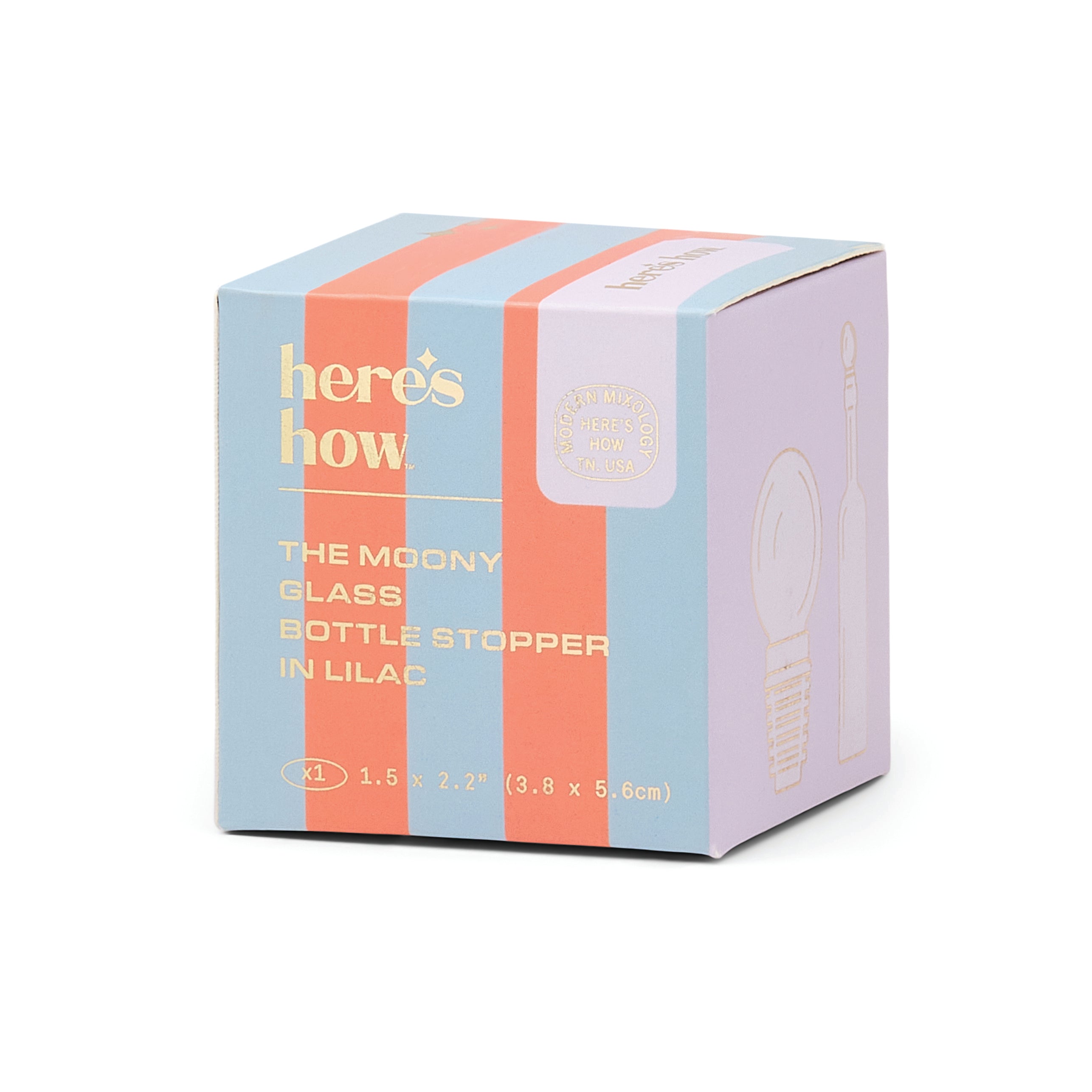 A pastel-colored product box for 'The Moony Glass Bottle Stopper in Lilac' by the brand here's how, featuring light blue, coral pink, and lavender stripes with gold lettering, set against a plain white background.