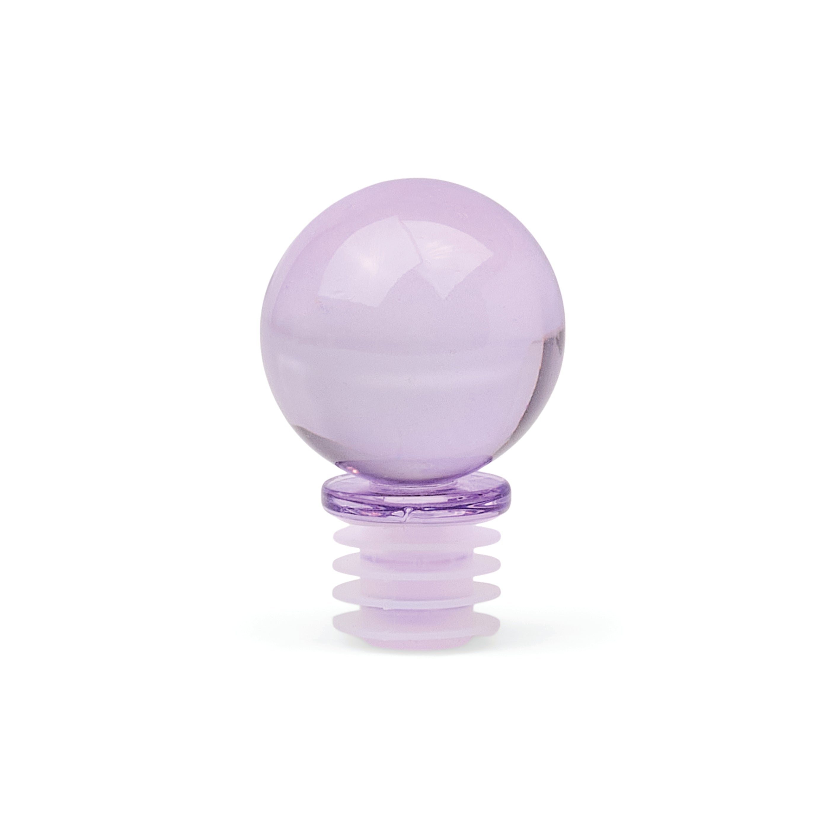 A translucent light purple glass BOTTLE STOPPER with a matching purple threaded base, shown on a clean white background.