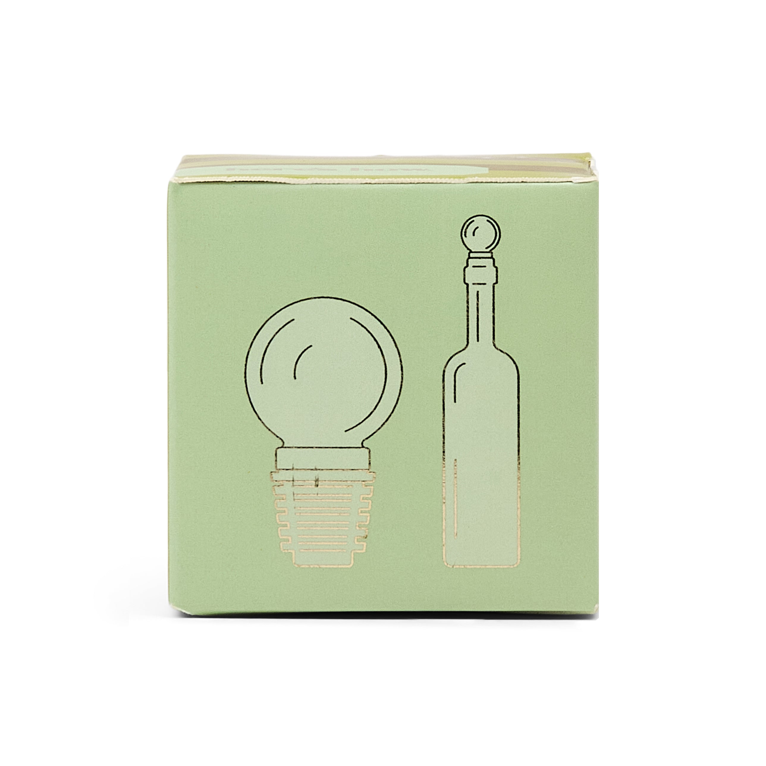 A square sage green gift box with minimalist gold foil line drawings of a BOTTLE STOPPER and a bottle, set against a plain white background.