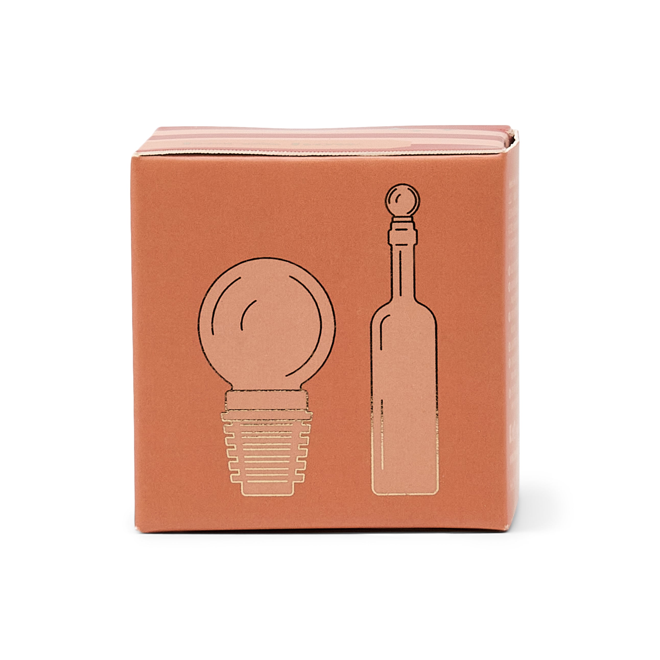 A square terracotta-coloured cardboard box with embossed line drawings of a BOTTLE STOPPER and a bottle on the front, photographed against a clean white background.