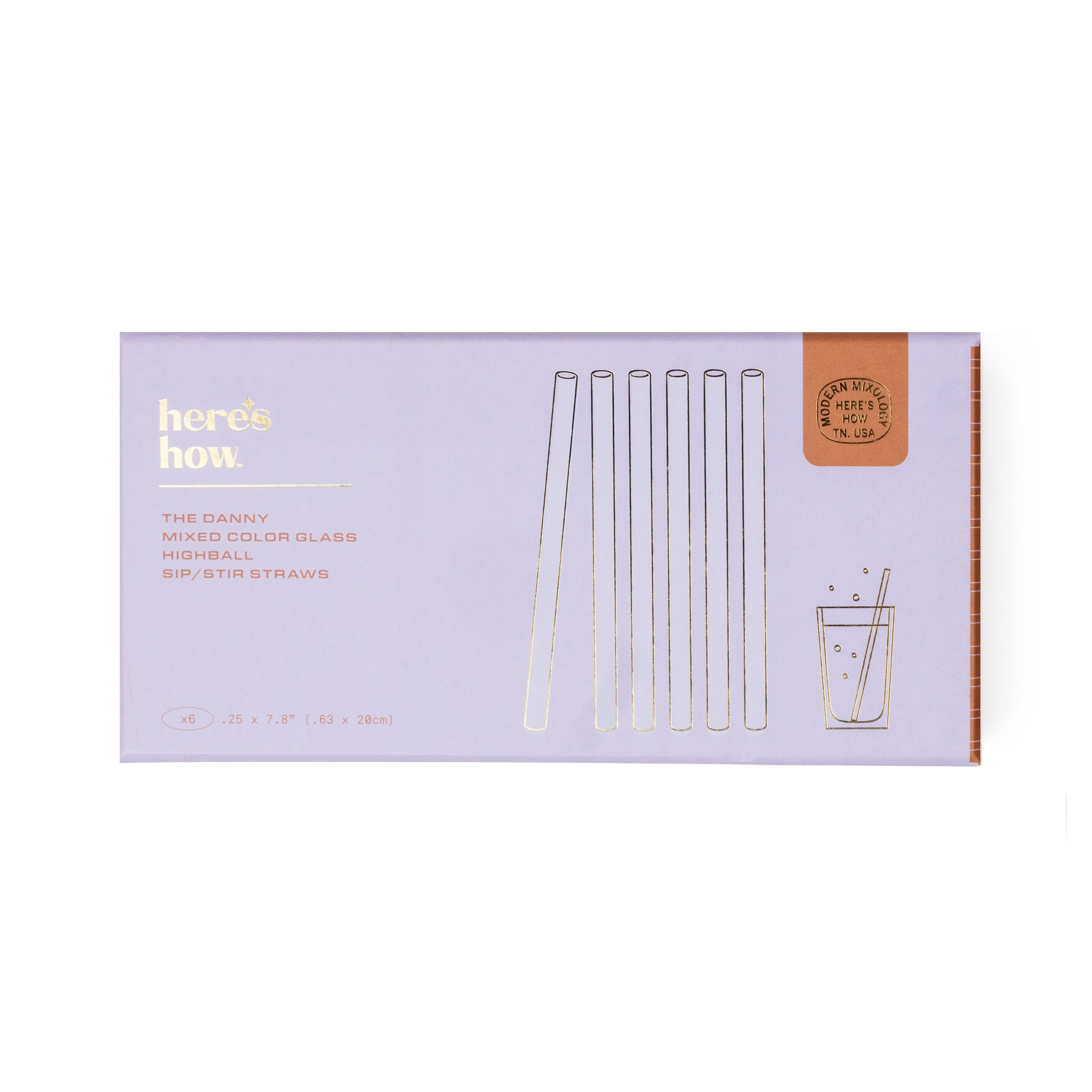 Box of gold straws with 'here's how' branding on a white background