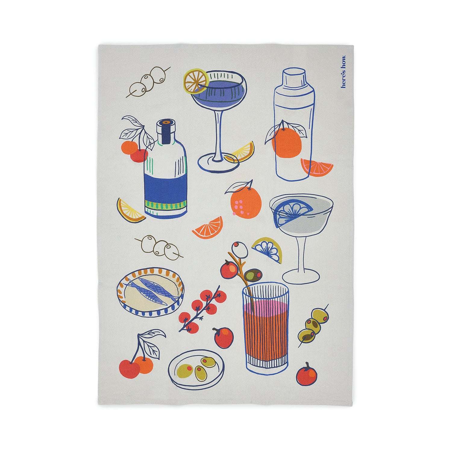 A rectangular tea towel featuring a variety of fruity cocktails in blue, orange and olive.