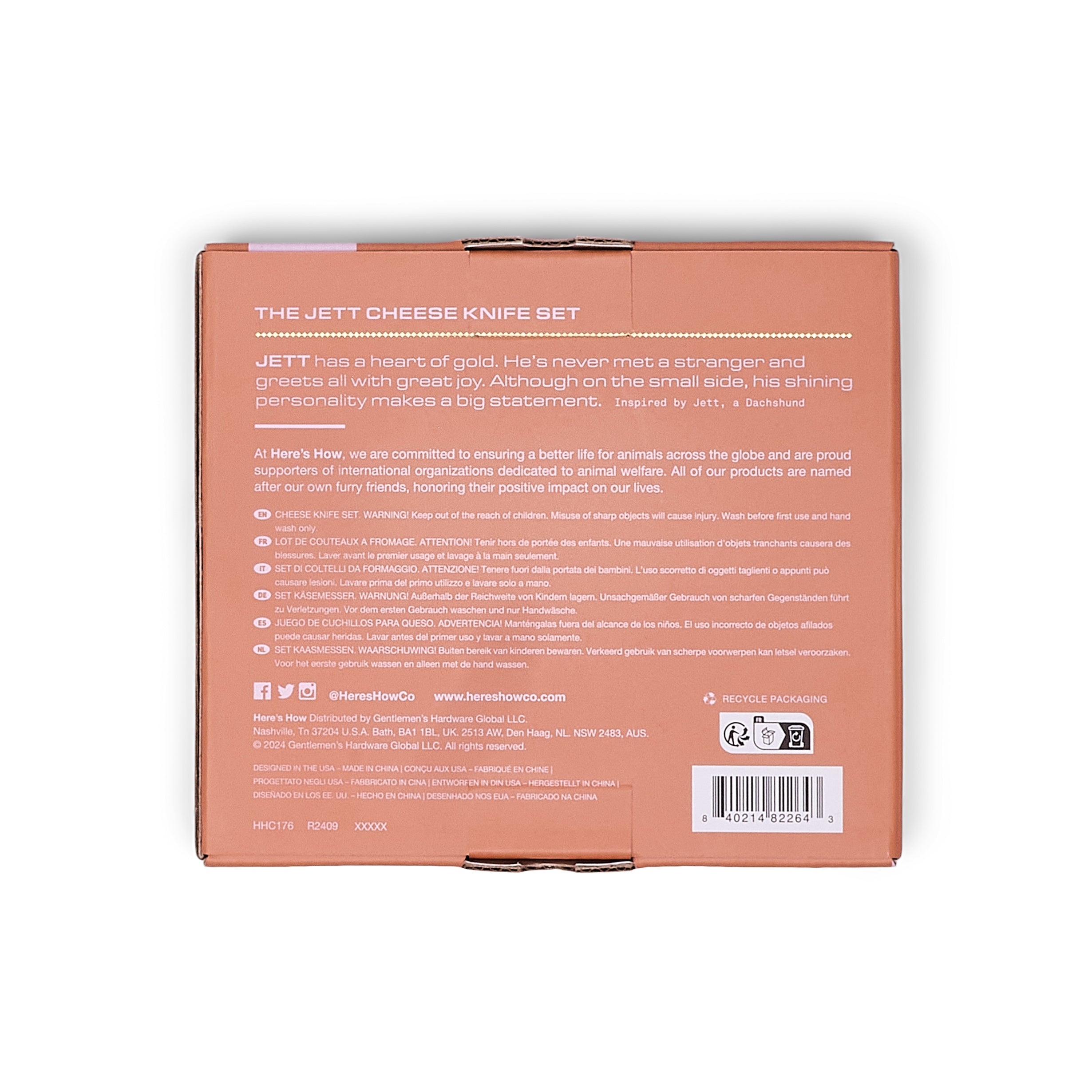 Back of a Jett Cheese Knife Set packaging with text and branding.