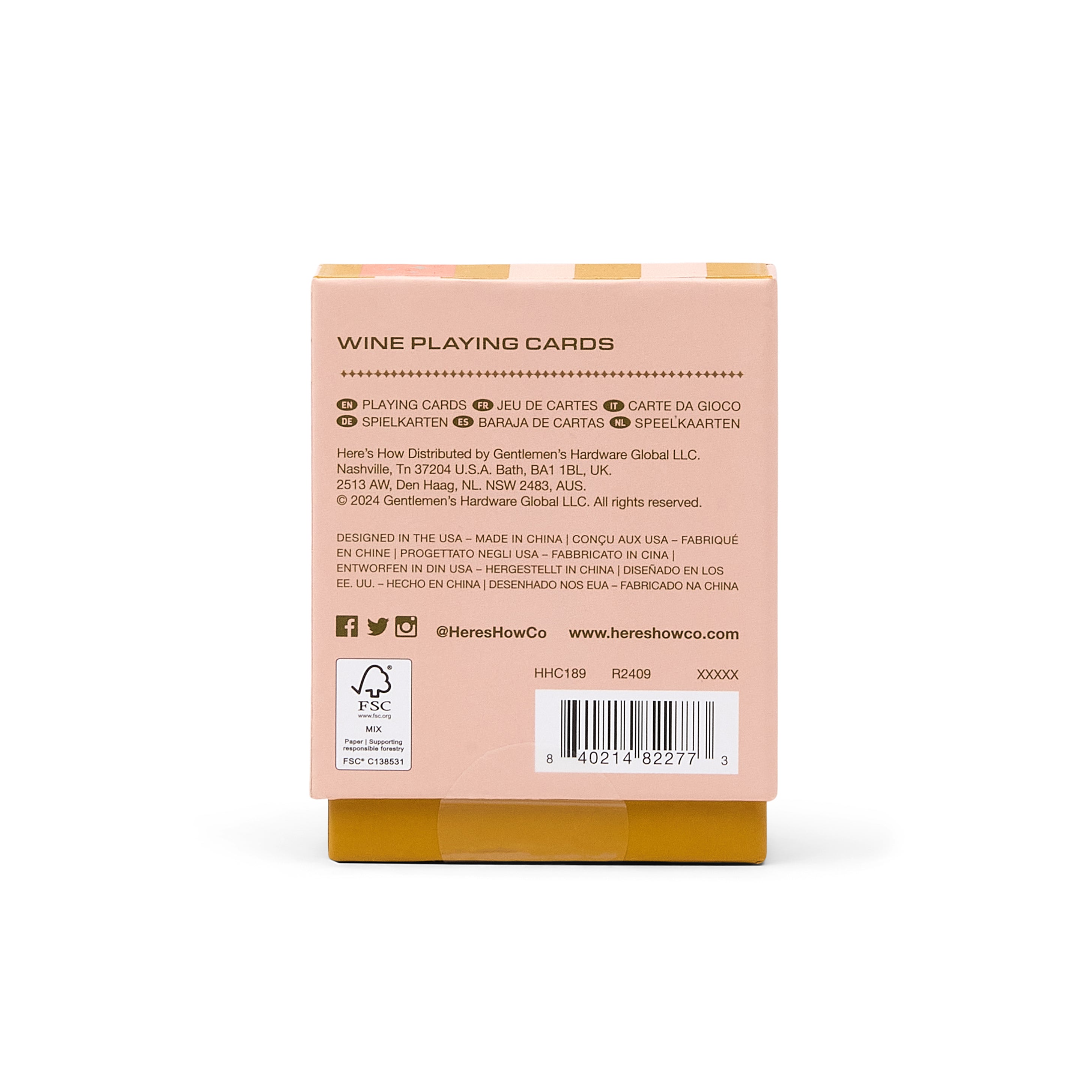 Back of a wine-themed playing card box with branding and product details.