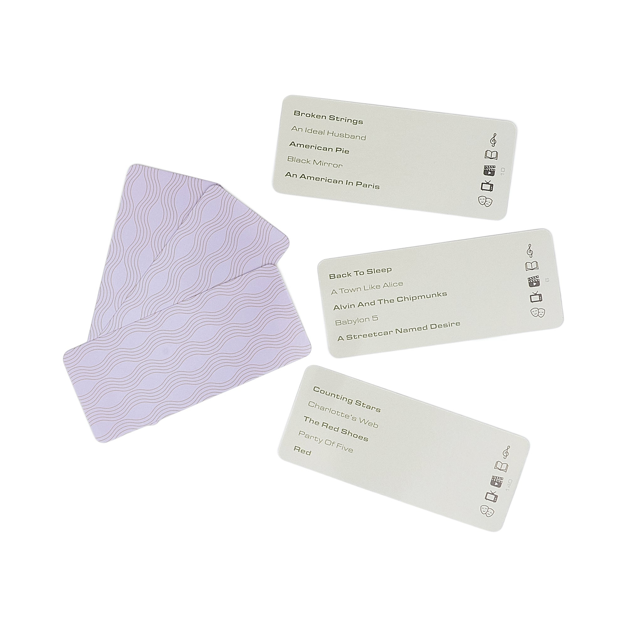 Four minimalist themed cards arranged on a white background, including a lavender patterned card and three light gray cards with song titles, artist names, and small icons.