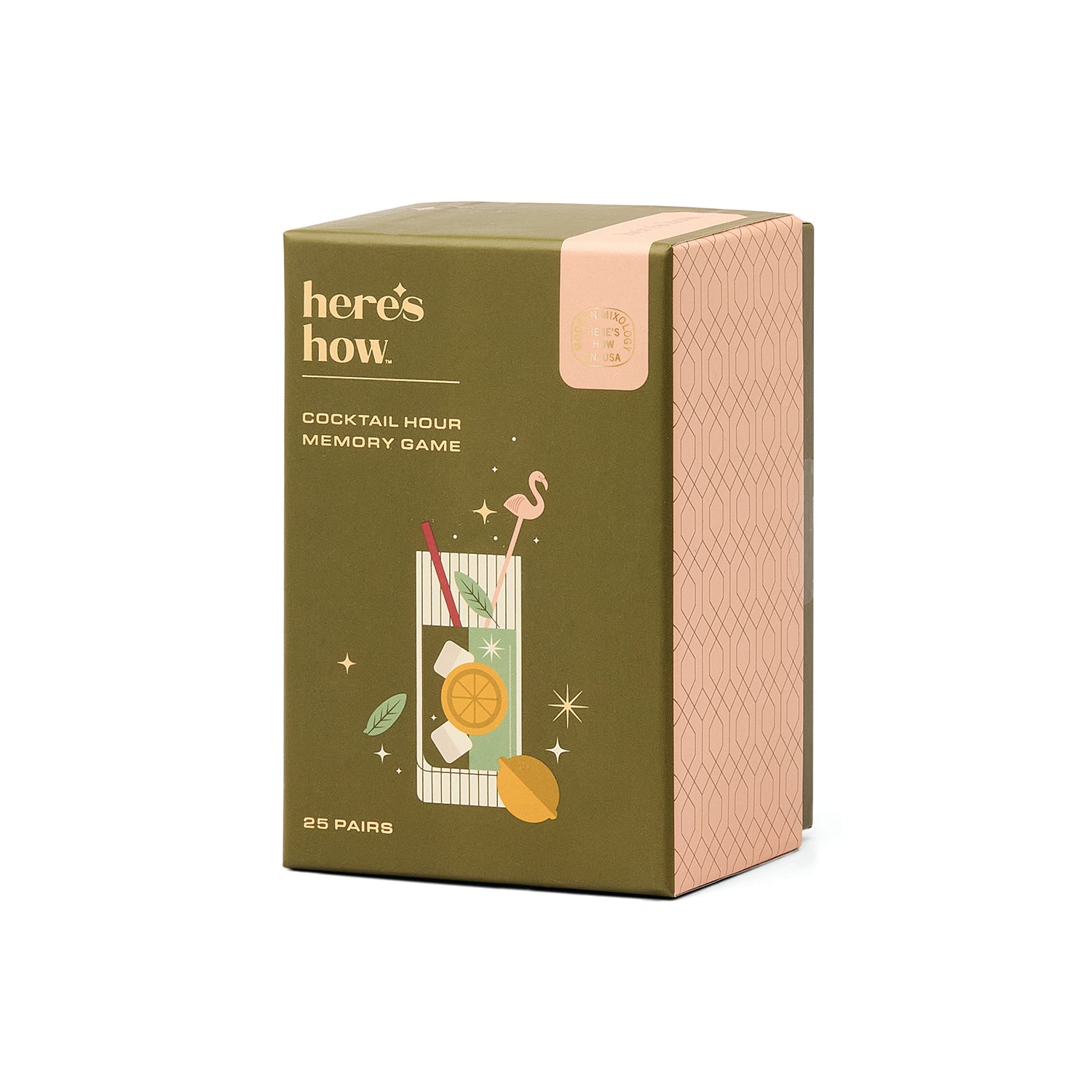 Here's How Cocktail Hour Memory Game box in olive green and blush pink, featuring an illustration of a cocktail glass on a white background.