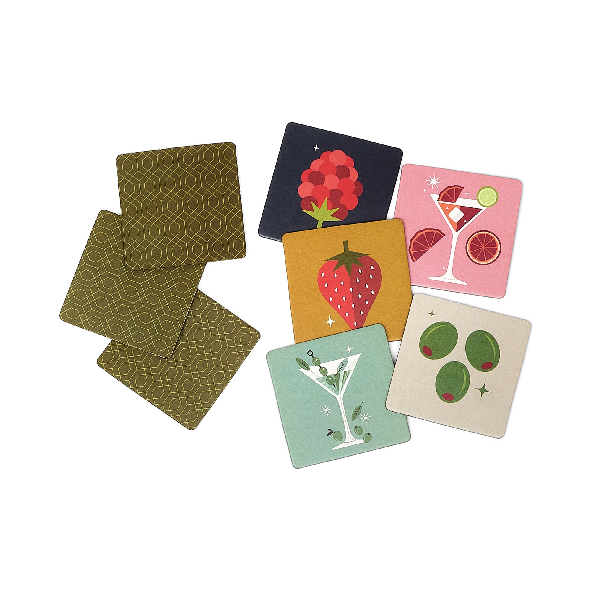 A set of square decorative cads with illustrated designs, including a dark green geometric pattern, a dark blue raspberry, a pink cocktail,  a mint martini, and beige olives, arranged on a white background.