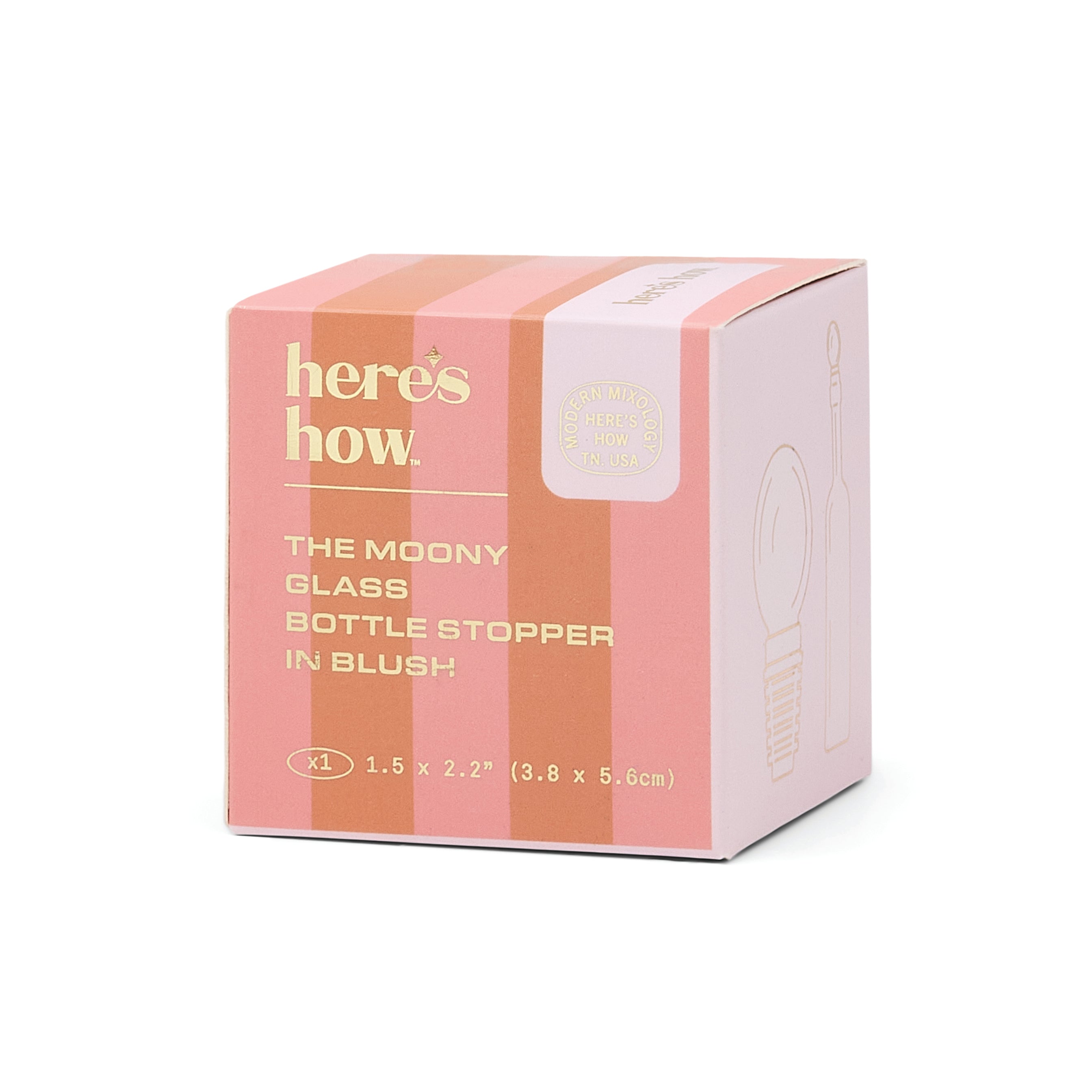 Pink product packaging box for 'here's how: The Moony Glass Bottle Stopper in Blush', featuring gold text on a white background.