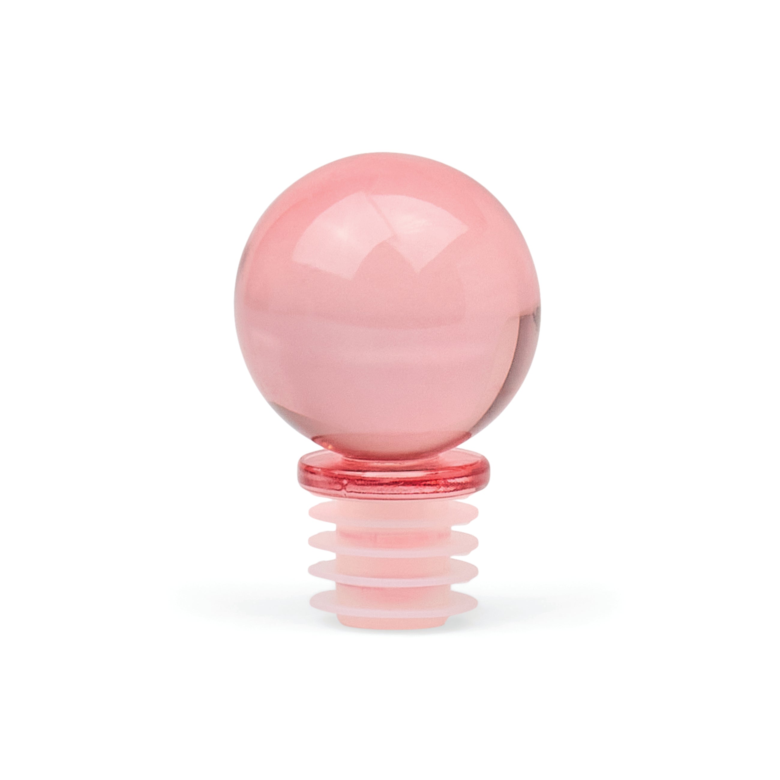 A translucent pink plastic spherical BOTTLE STOPPER with a ridged screw-like base, shown on a clean white background.