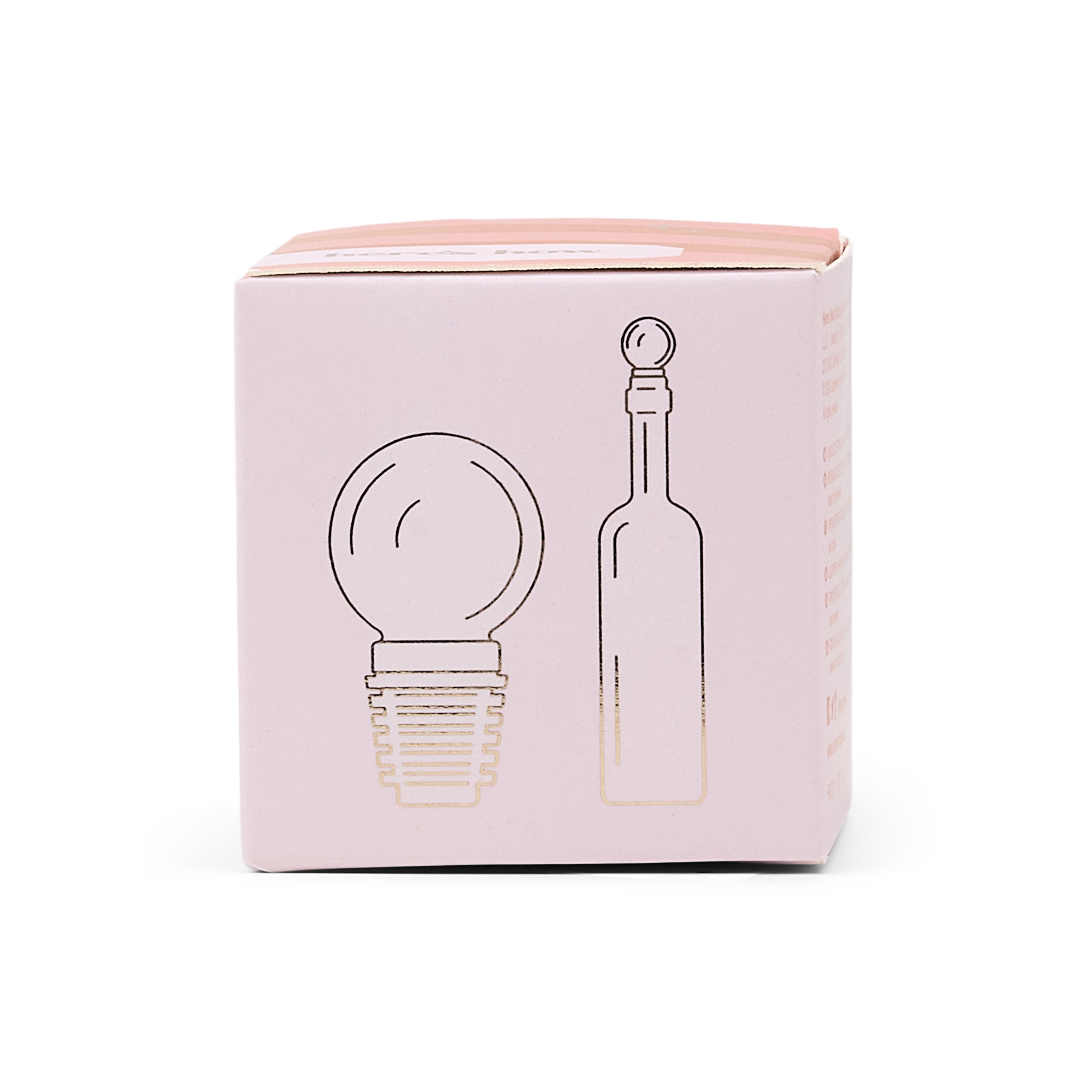 A light pink square product box with minimalist gold foil line drawings of a BOTTLE STOPPER and a bottle, shown on a clean white background.