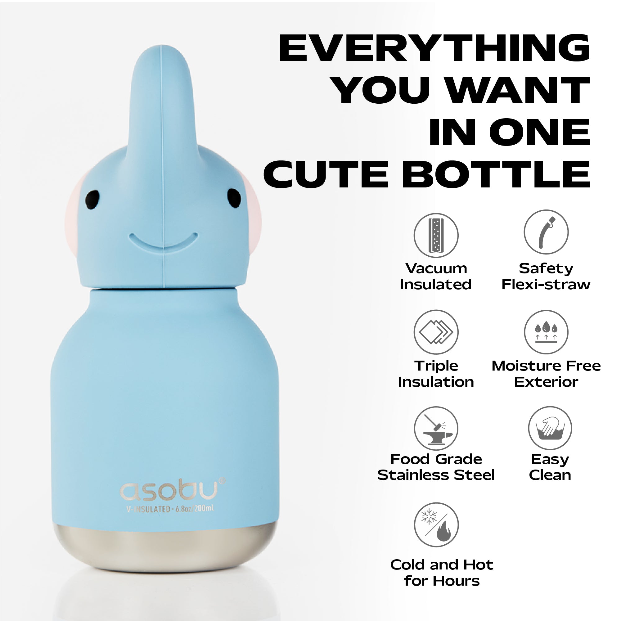 A light blue elephant-shaped insulated bottle with a stainless steel base, shown on a white background with black promotional text and feature icons. The brand name 'asotiu' is visible on the bottle.