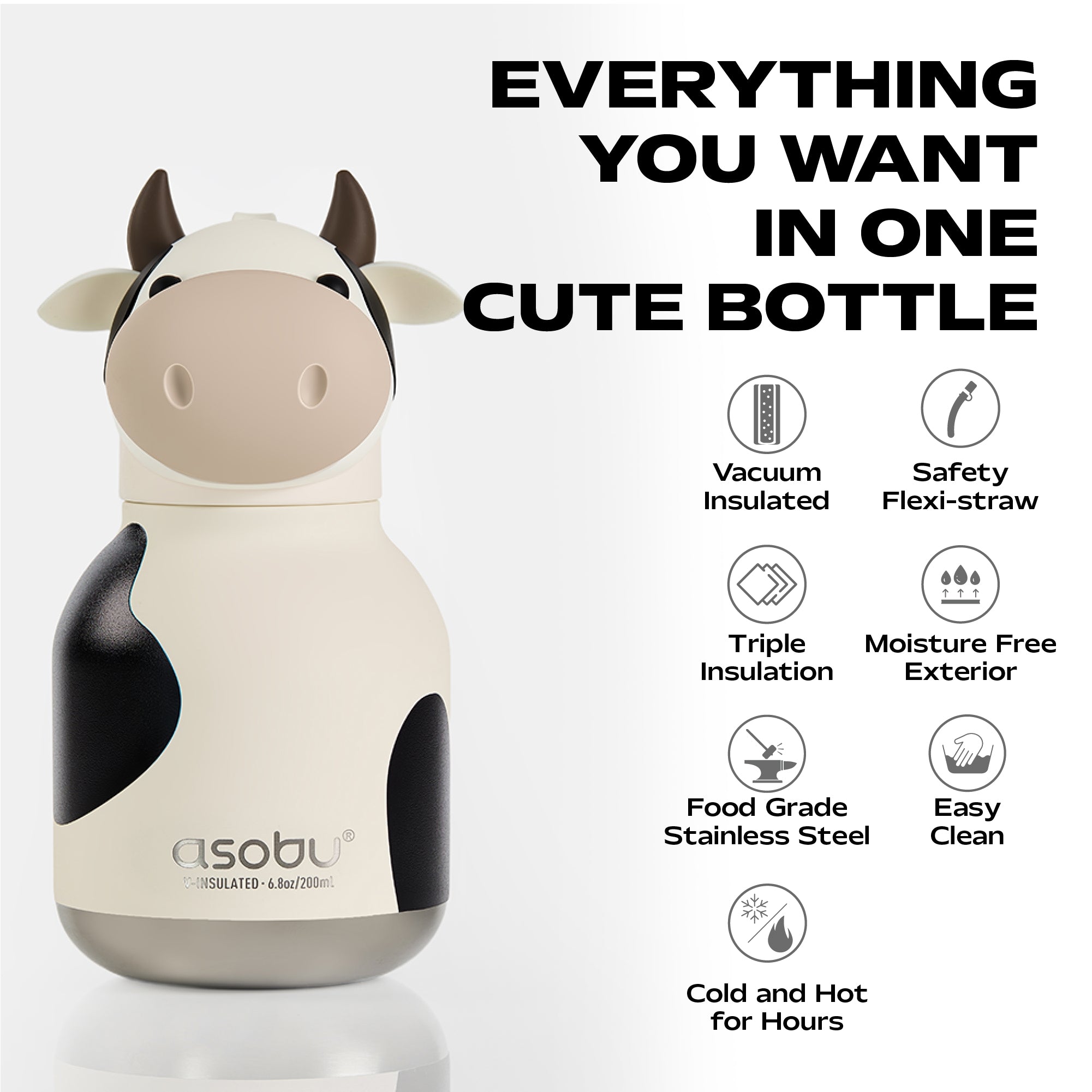 A cow-shaped insulated bottle with cream and black coloring, shown on a white background with promotional text and feature icons. The brand name 'asobu' is visible on the bottle.