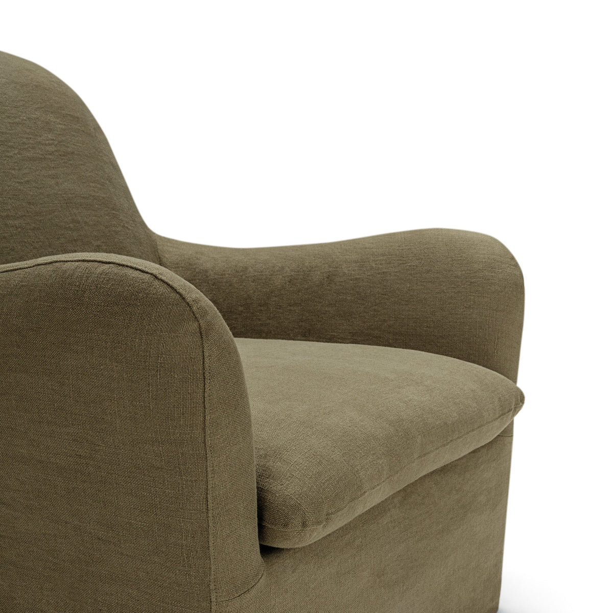 close up of linen Armchair Mastrella Thalia  in olive green