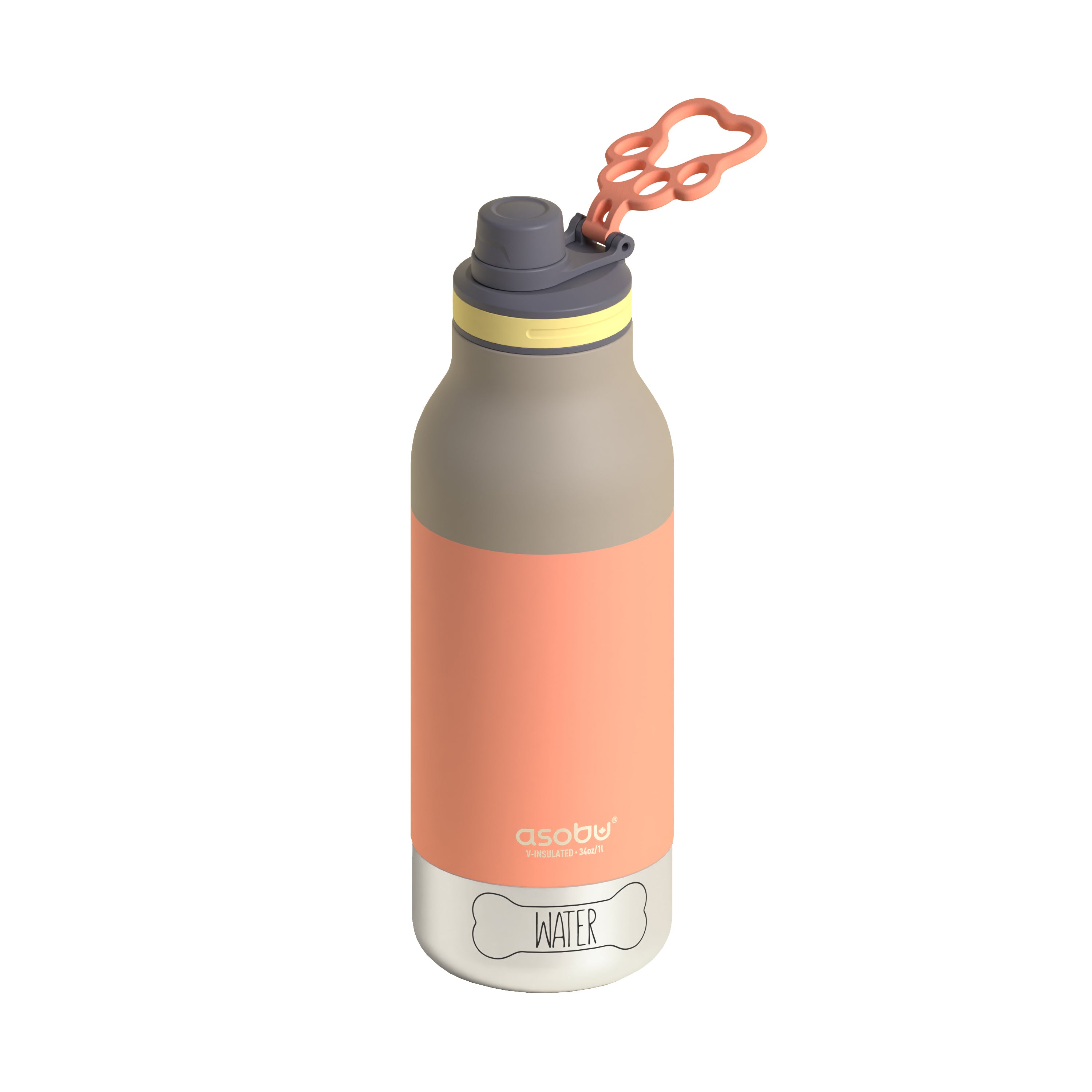 Two-toned water bottle with coral and gray design on a white background