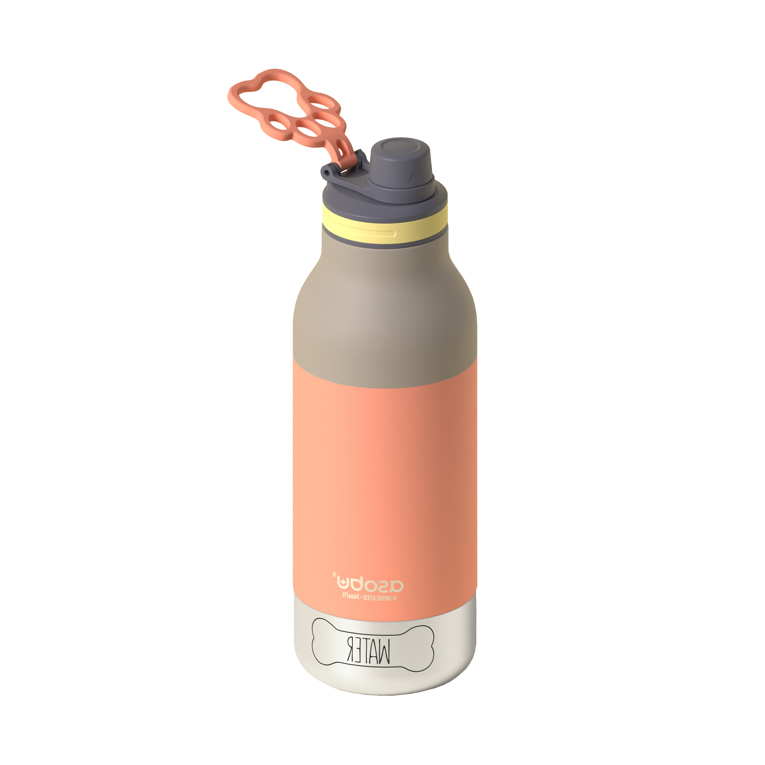 Dog water bottle with coral body, gray top, and white base on a white background