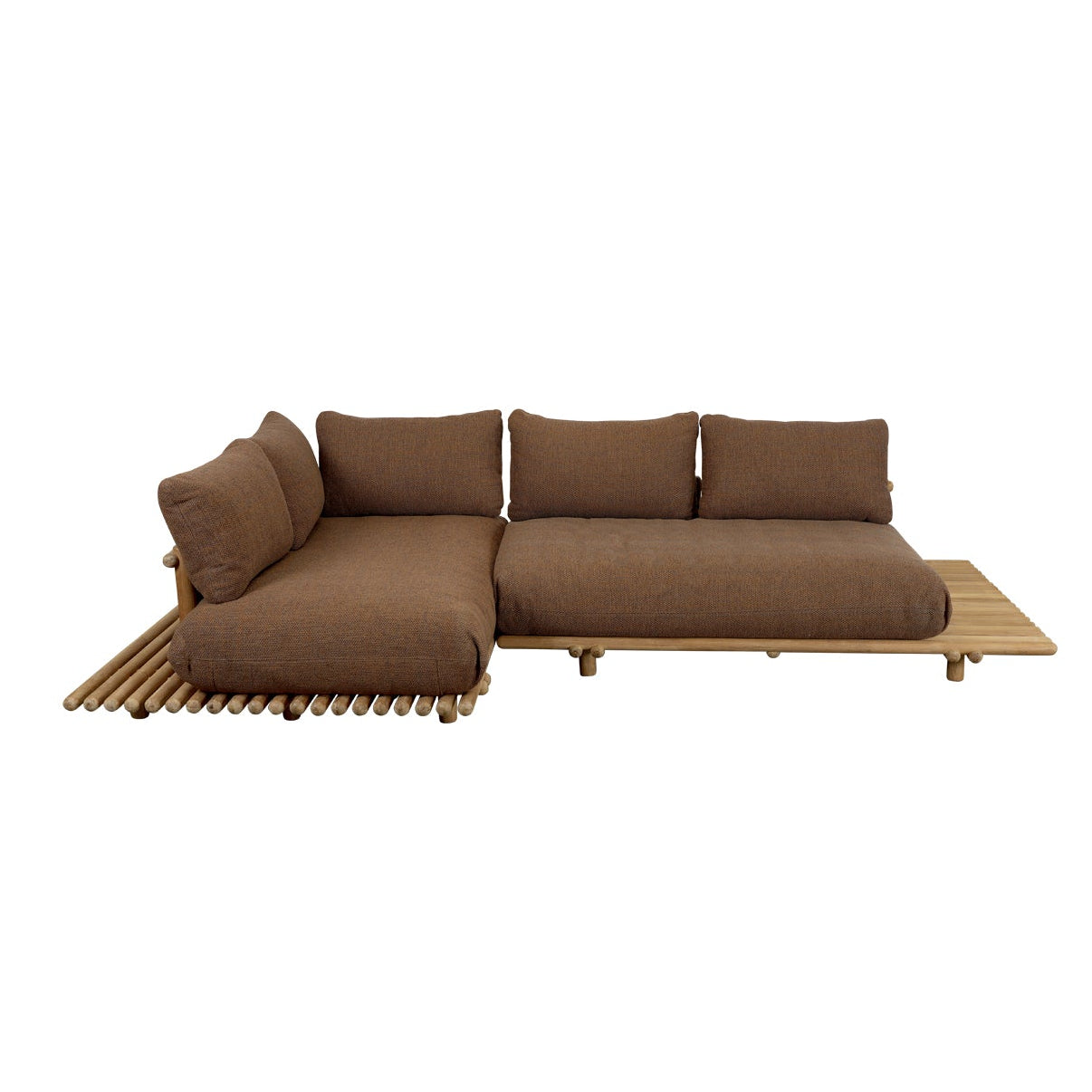 A modern outdoor sectional sofa with brown cushions and a light wood frame, shown against a plain white background.