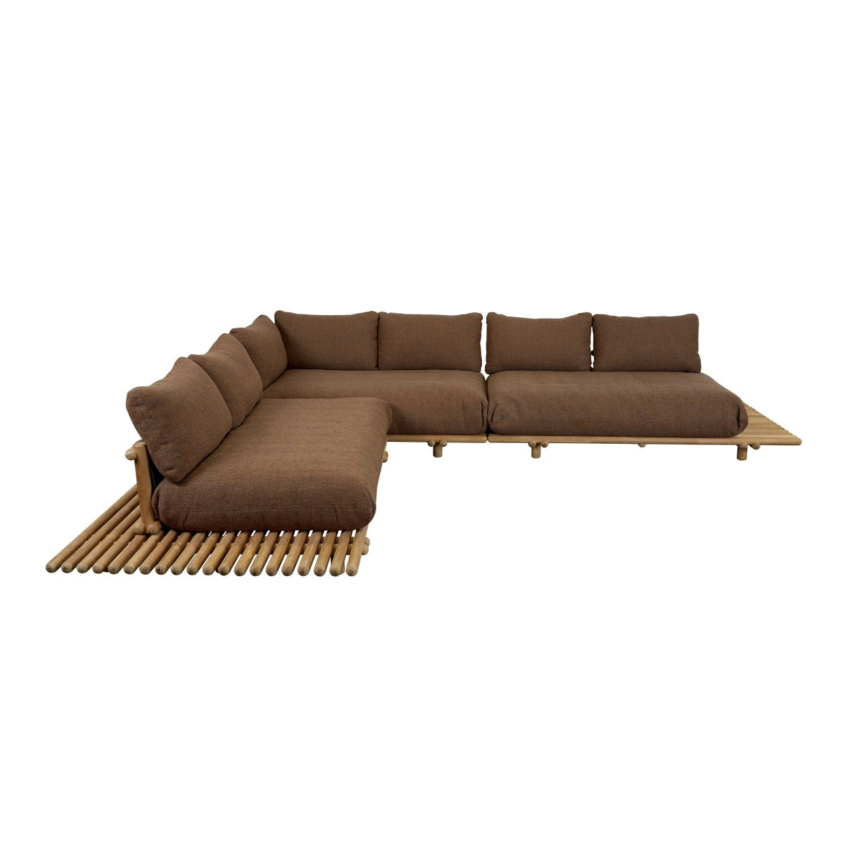 A modern outdoor sectional sofa with brown cushions and a light wood frame, featuring a slatted wooden base and matching slatted rug, shown on a plain white background.
