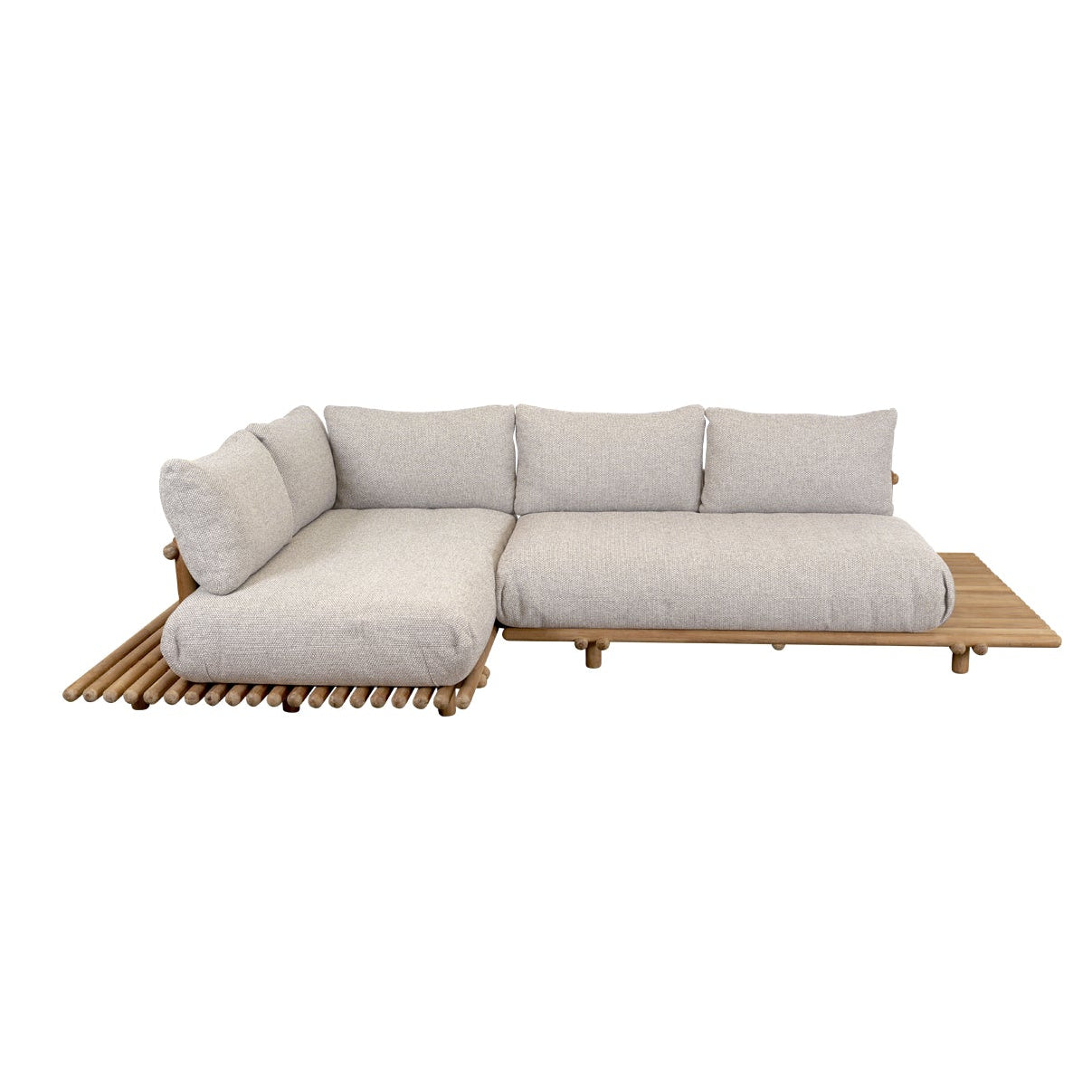 A modern sectional sofa with light beige textured cushions and a natural wood slatted base, shown against a plain white background.