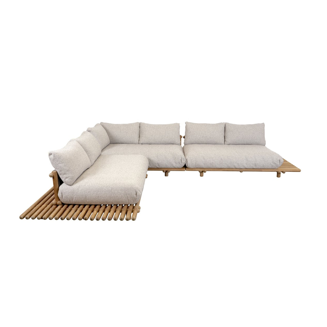 A modern outdoor sectional sofa with light beige cushions and a natural wood frame, featuring a slatted wooden base, shown on a plain white background.