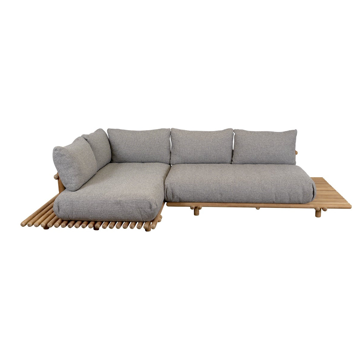 A modern outdoor sectional sofa with light gray cushions and a light brown wooden slatted base, shown against a plain white background.