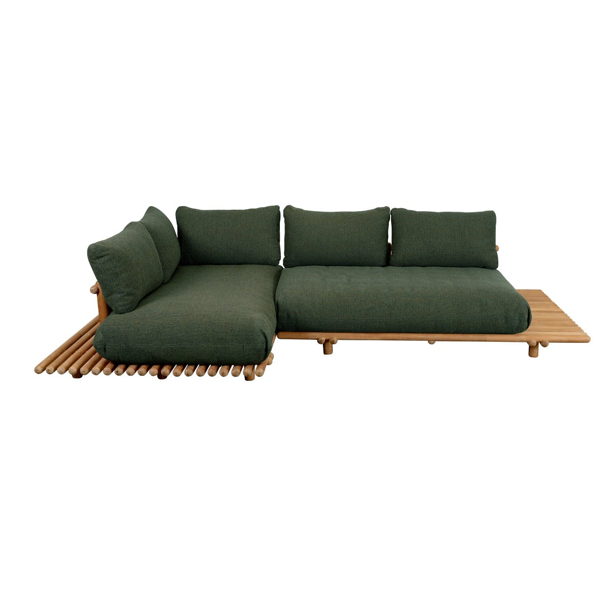 A modern outdoor sectional sofa with dark green cushions and a light brown wooden slatted base, shown against a plain white background.