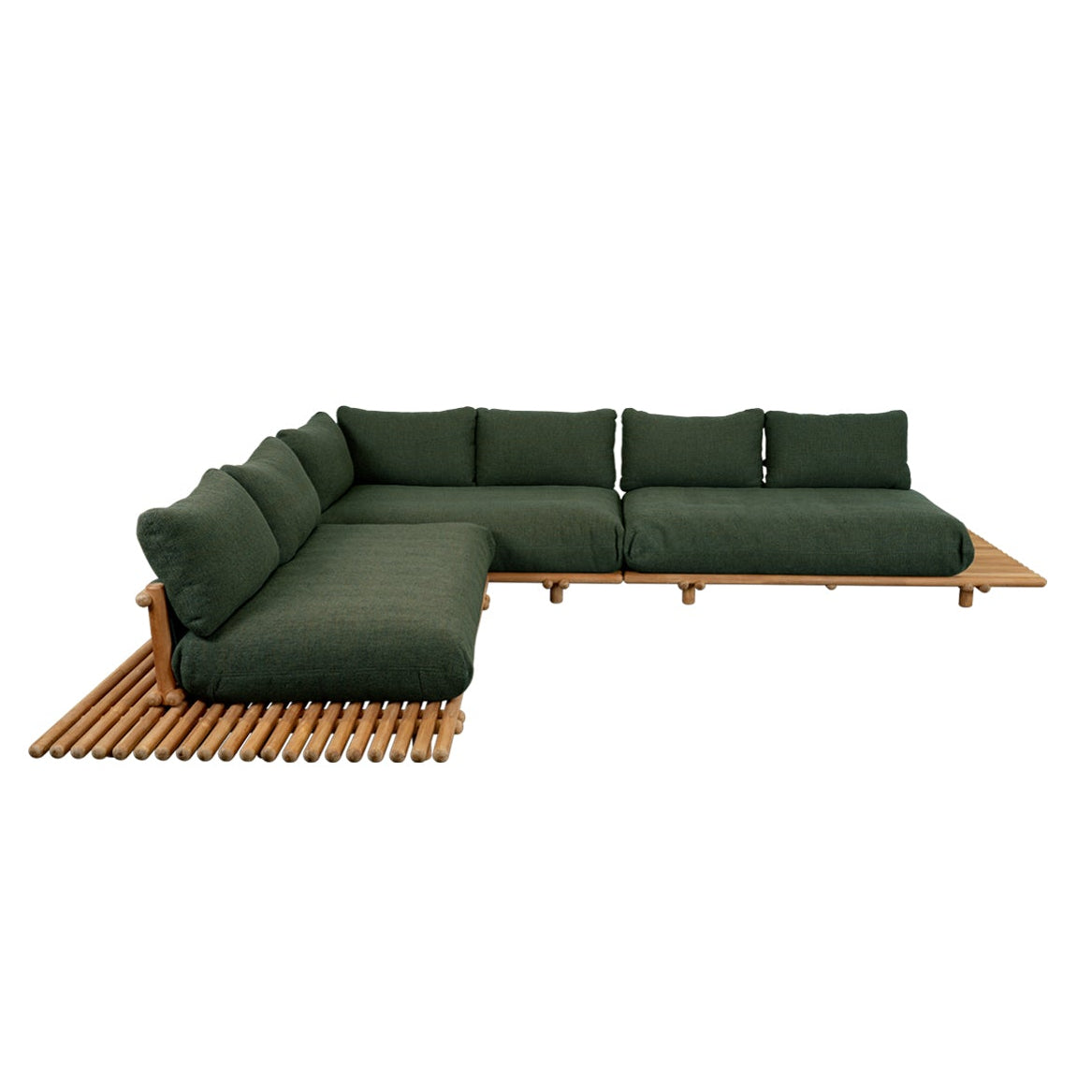 Green sectional sofa with wooden base on a white background