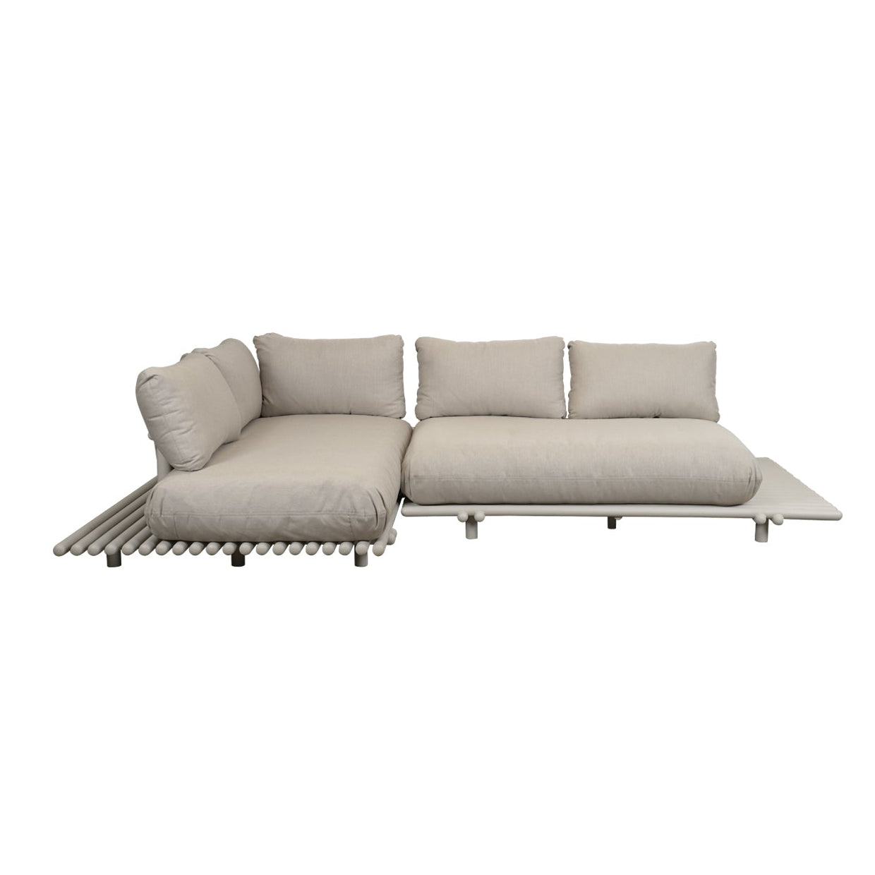 A modern outdoor sectional sofa in a light beige fabric, featuring a left-facing chaise lounge with a slatted metal base and three matching back cushions, shown against a plain white background.