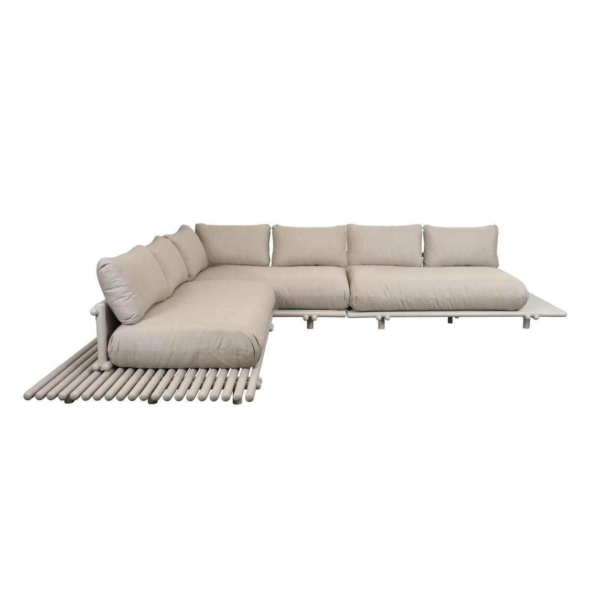 A modern outdoor sectional sofa with light beige cushions and a silver metal frame, shown on a plain white background.