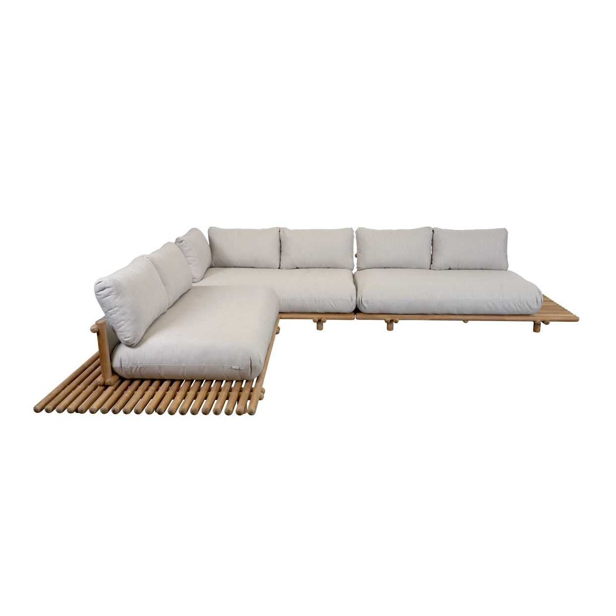 An outdoor sectional sofa with light beige cushions and a natural wood frame, featuring a slatted wooden base, shown on a plain white background.