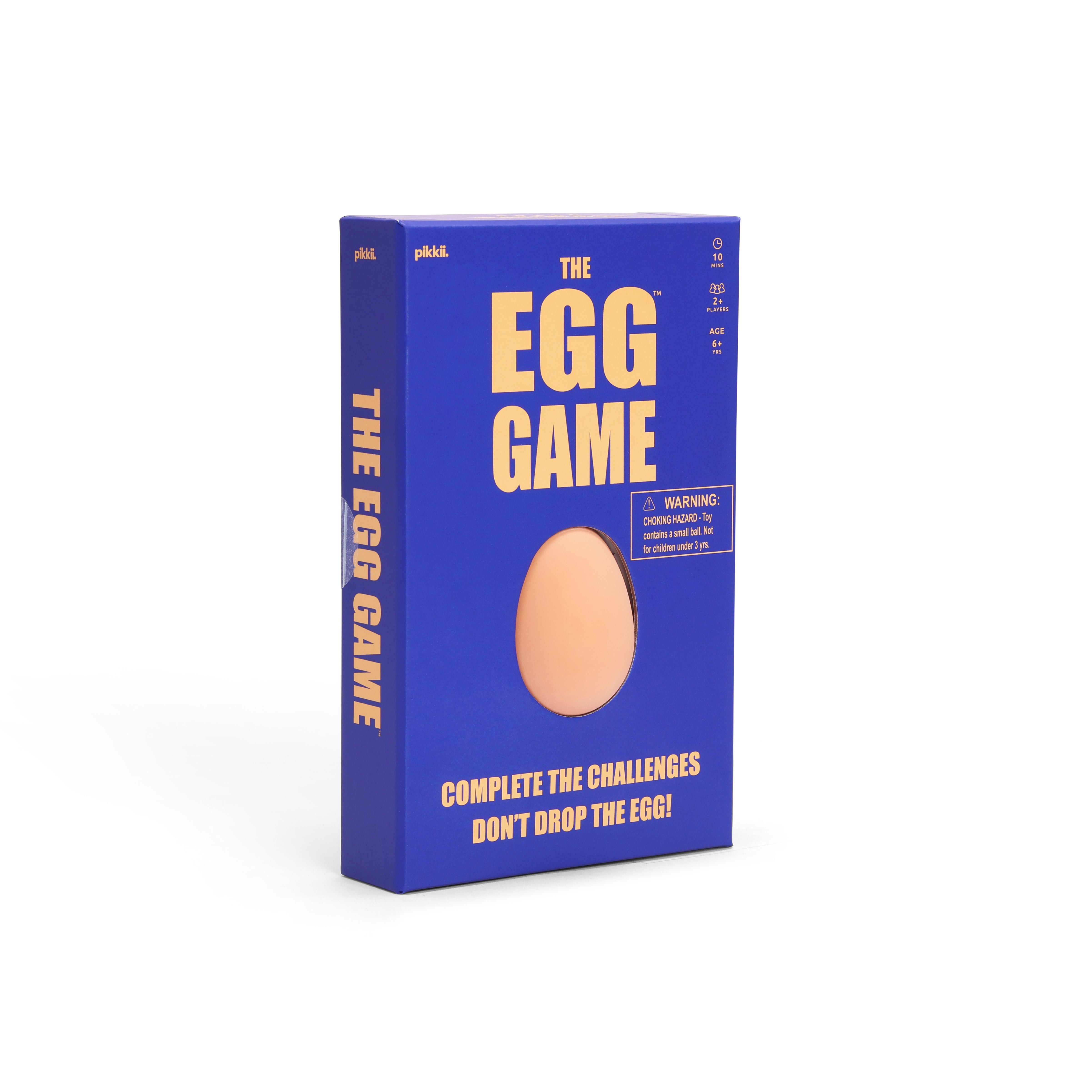 The Egg Game board game box by Pikkii, featuring a vibrant blue cover with a realistic egg-shaped cutout and bold yellow text, shown on a clean white background.