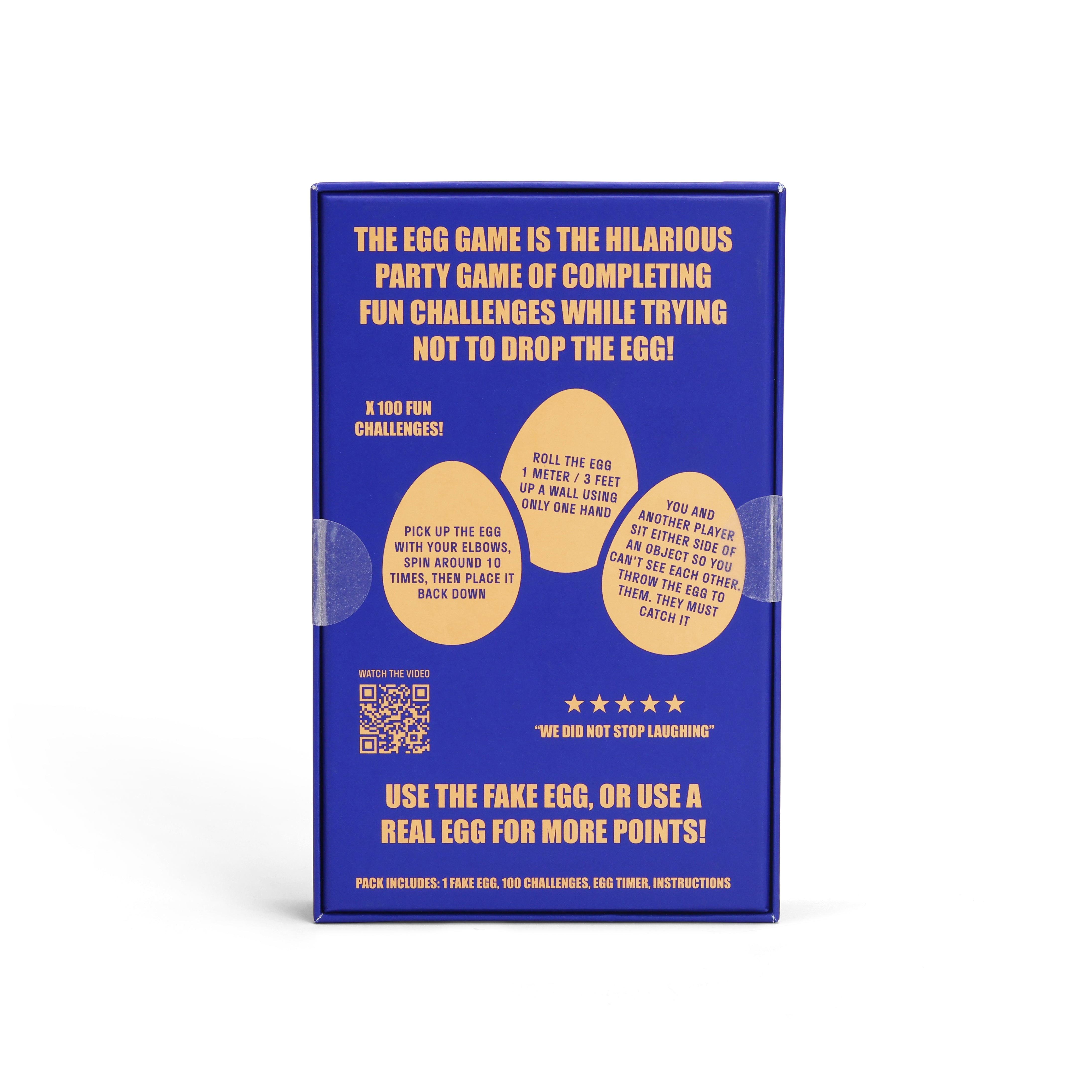 A blue rectangular game box standing upright on a white background. The front features yellow text and three yellow egg illustrations with game instructions and a small QR code.
