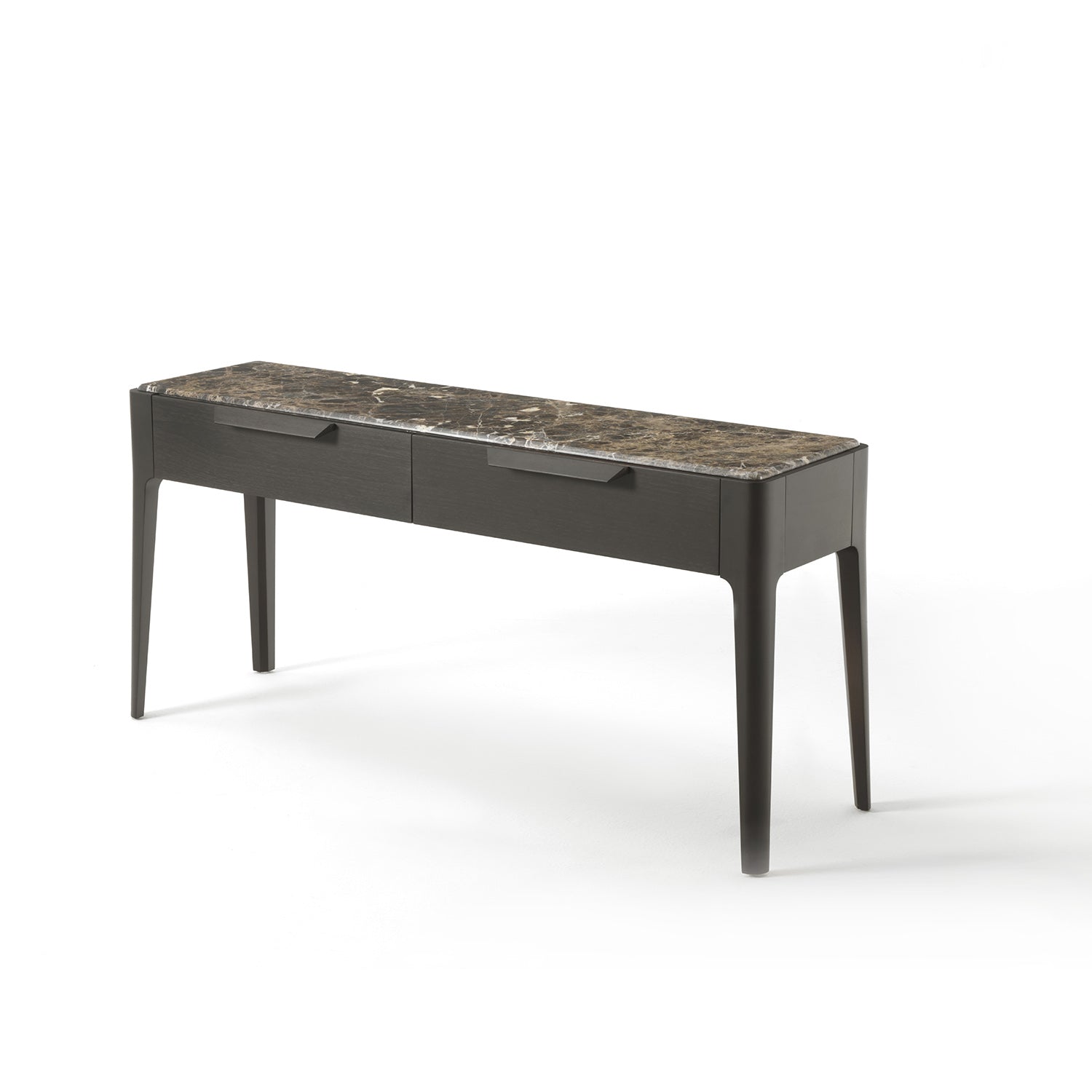 Dark wood desk with marble-like top on a white background