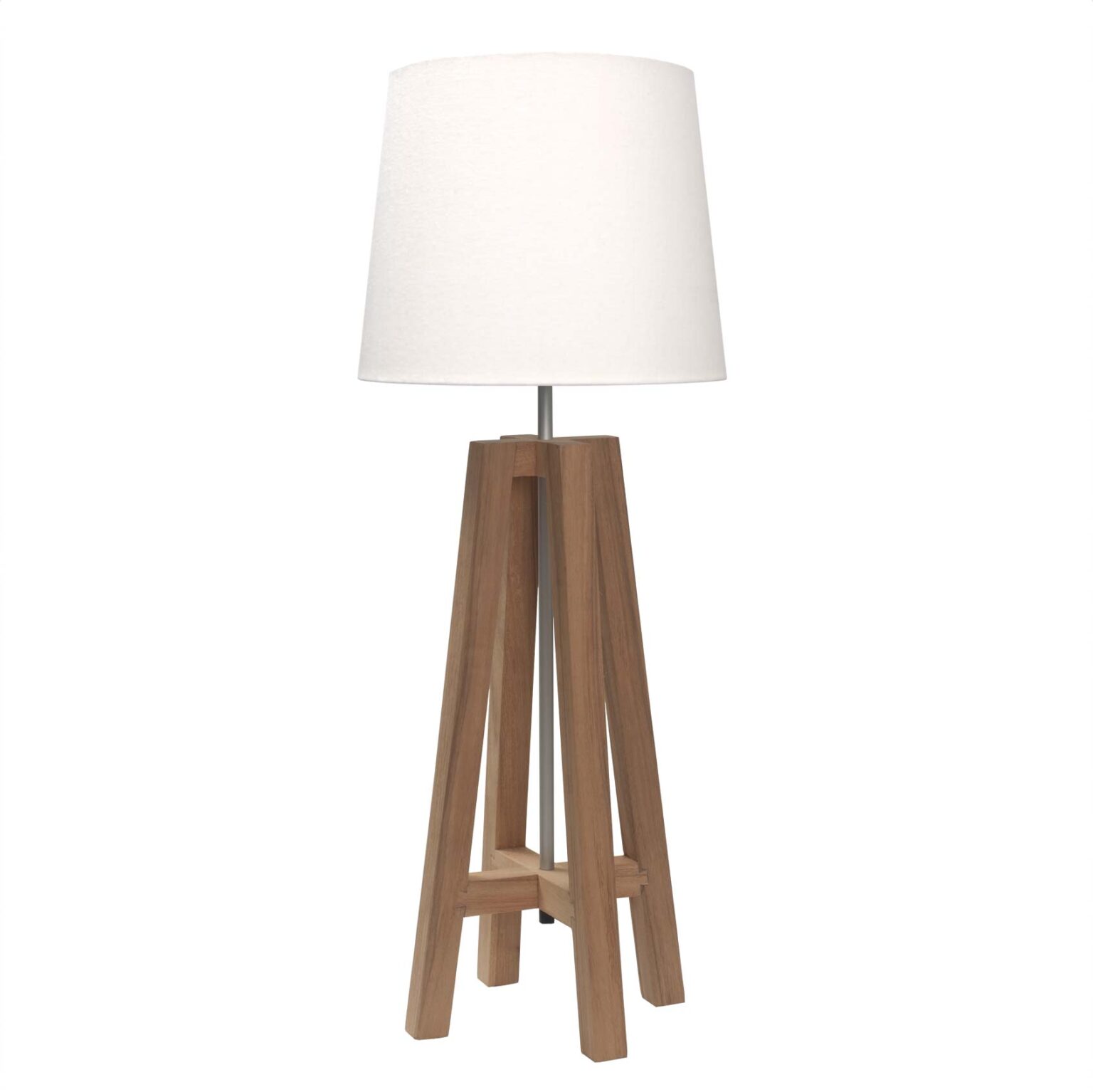 A modern table lamp with a natural wood tripod base and a white fabric drum shade, shown against a plain white background.