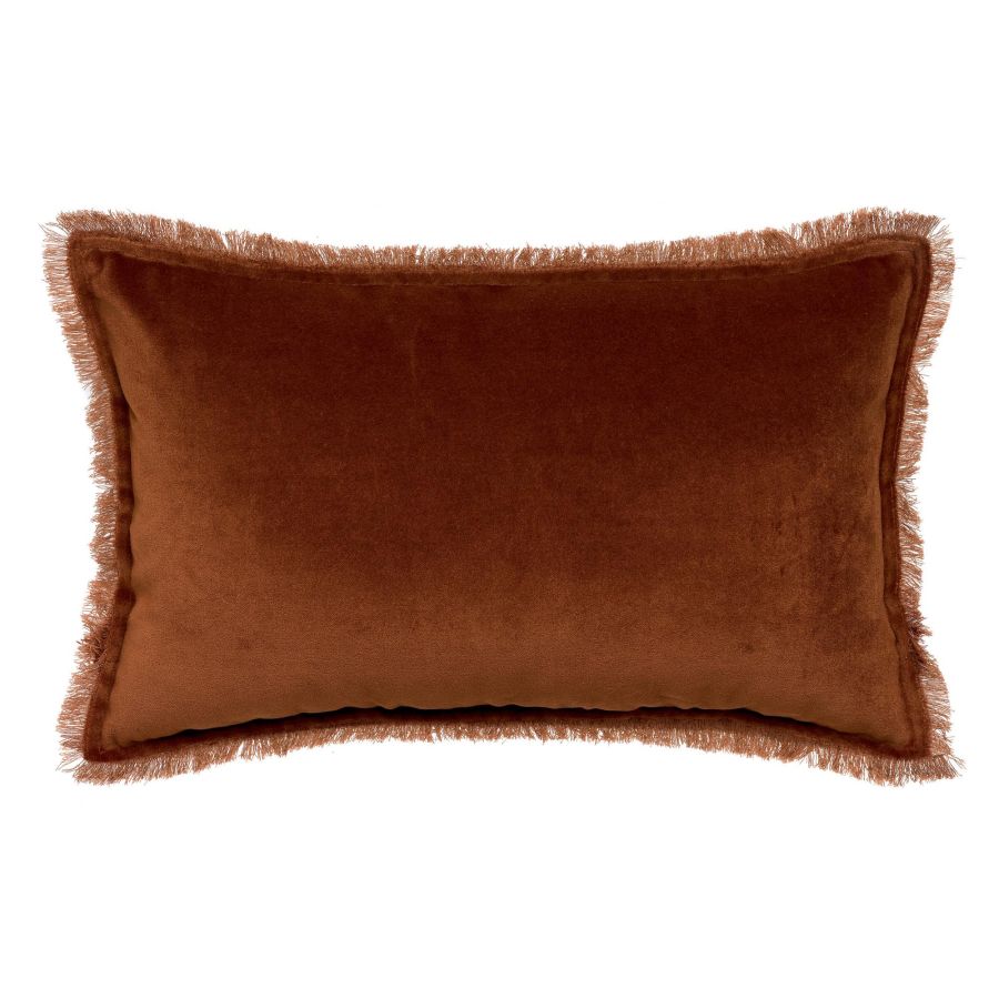 Caramel velvet cushion with frill edging