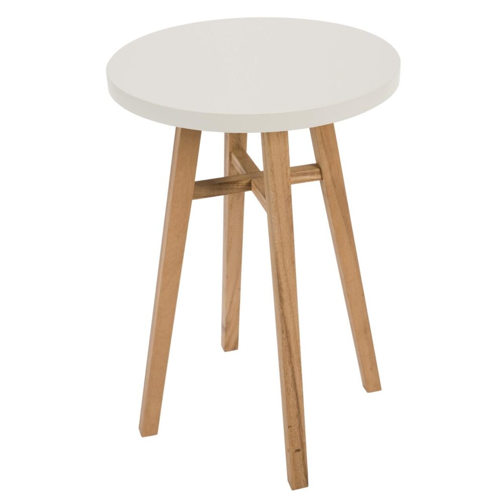 A round side table with a white top and four light natural wood legs, shown on a plain white background.