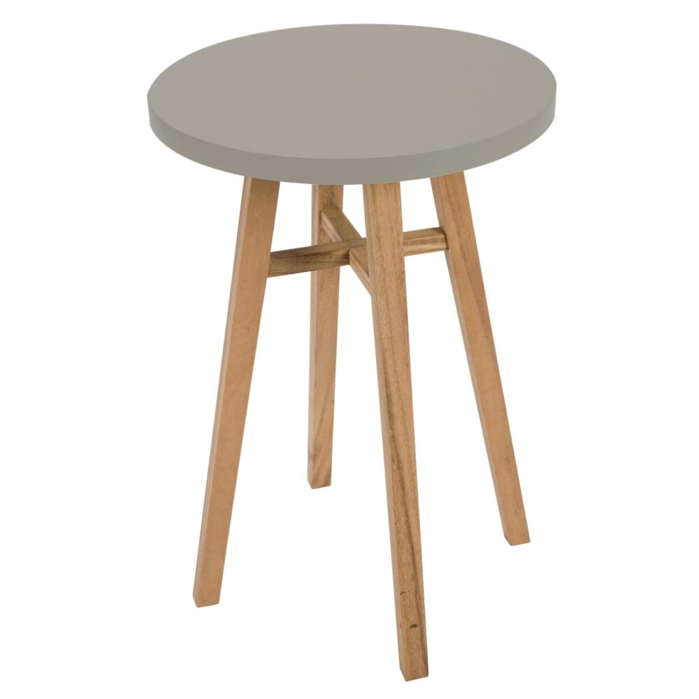 A round side table with a light gray top and four natural wood legs, shown on a plain white background.